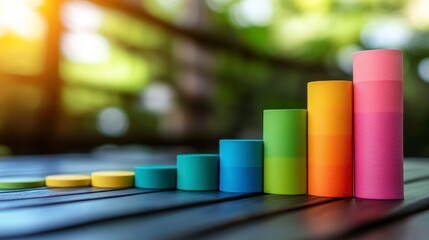 Poster - Colorful cylindrical chart on wooden surface, showing upward trend against blurred green background. Represents growth, progress, and success.