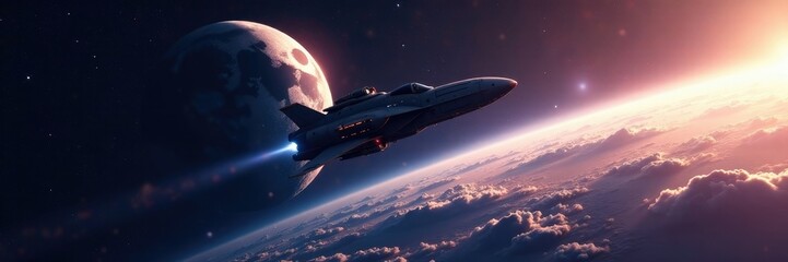 Wall Mural - spacecraft passing by the earth and moon in space, planets, earth, galaxy