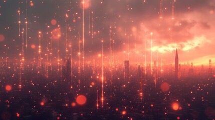 Poster - futuristic city skyline at sunset, glowing with orange and red lights, digital art.