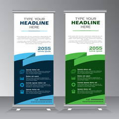 Wall Mural - roll up banner stand design with abstract geometric colorful. green and blue standee design, vertica