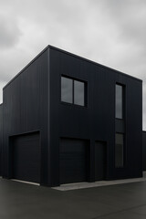 Poster - Modern Architectural Marvel: A striking, monochromatic facade of a contemporary structure with sleek lines and minimalist design, showcasing innovative architecture under an overcast sky.