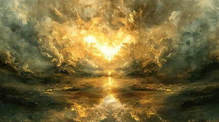 Poster - A stunning golden explosion of light in a surreal dreamlike setting capturing the essence of low-key lighting and infinite mirrored reflections