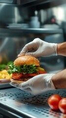 Poster - Chef wearing gloves carefully holding a freshly made burger with steam coming out, in a food truck kitchen, surrounded by ingredients and equipment