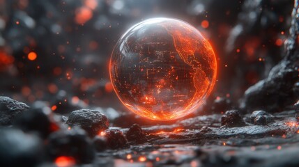 Poster - glowing orange sphere rests on dark, textured surface, surrounded by sparks and dark rocks. dramatic