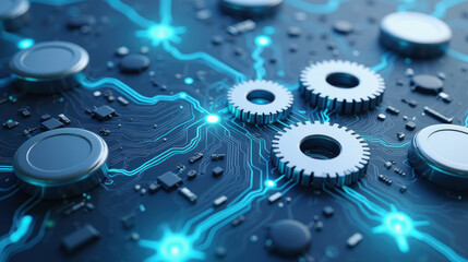 Fototapete - Futuristic gears and circuits create dynamic technological landscape, showcasing innovation and connectivity in digital world