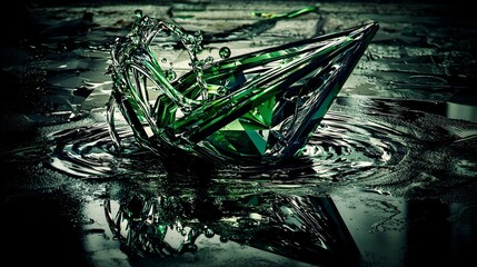 Poster - Stunning green diamond gracefully floating in clear water surrounded by a dreamlike atmosphere and captivating visual effects