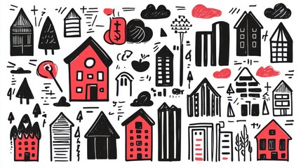 Poster - hand drawn illustration featuring various houses, trees, and clouds in red and black ink. simple sty