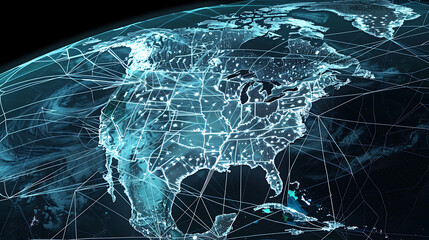 Mapa digital de América del Norte con puntos y líneas brillantes azules que muestran conexiones de red en todo el continente sobre fondo oscuro. Globalización.
