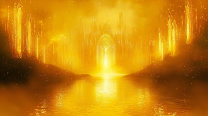 Poster - Dreamlike yellow cityscape with a serene river in the foreground bathed in golden hour light creating a surreal urban experience