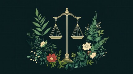 Poster - pixel art scales of justice surrounded by a wreath of green ferns and flowers on a dark background.