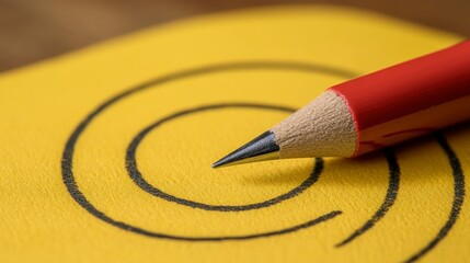 Poster - close up of a red pencil drawing a spiral on yellow paper.