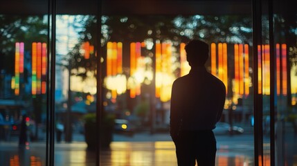 Poster - Silhouette of a person standing before a large glass window displaying colorful, vertical light patterns at sunset. City lights blur in the background.