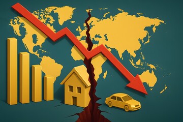 Aufkleber - Financial Decline Concept with Graph, House, Car, and World Map