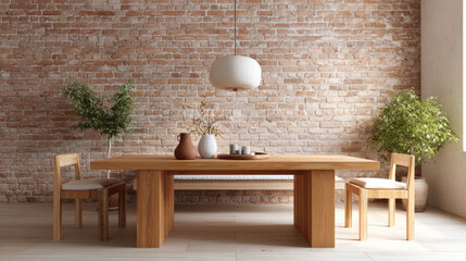 Poster - Rustic dining area with wooden table, brick wall, pendant light, indoor plants, and cozy atmosphere for home decor inspiration