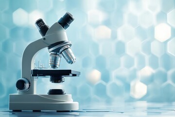 Poster - Close-up of a laboratory microscope on a shiny surface with a blurred background