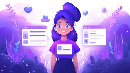 Poster - smiling girl with purple hair in pixel art style, surrounded by digital interface elements and purpl