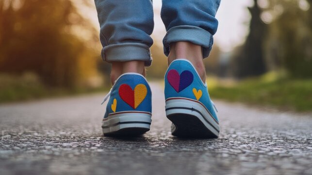 A pair of shoes with autism heart logos walking forward