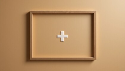 Poster - Minimalist art display featuring a wooden frame and cross symbol contemporary interior digital image neutral tone artistic perspective modern concept for home decor