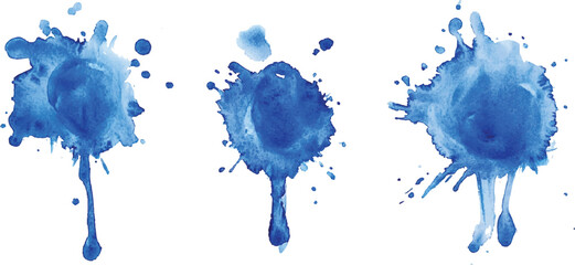 Leinwandbilder - 3 set of blue watercolor brush strokes isolated on a white background. vector watercolor paint splashes flowing ink blots and dynamic color textures on a clean white background modern design.