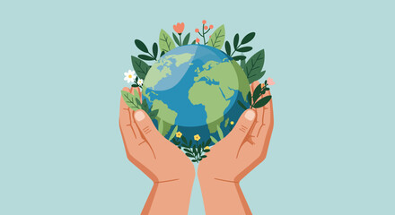 Vector A nurturing image depicts cupped hands cradling a verdant Earth adorned with flowers and leaves against a serene blue backdrop