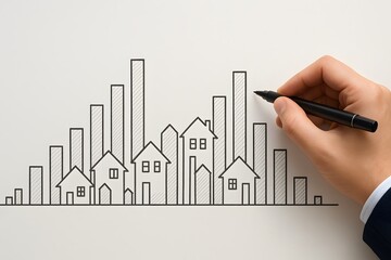 Poster - Hand Drawing Chart with Houses and Rising Graphs on White Background