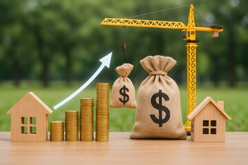 Poster - Investment Growth With Money Bags And Construction Crane In Nature