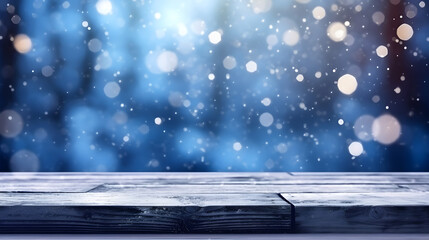 a wooden table with a blue and white bokeh background, featuring a snowflake pattern.