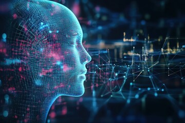 Poster - Digital human head with network links and glowing data in a virtual setting