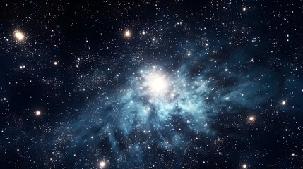 a vast, dark blue and black space with a bright, glowing star at its center, surrounded by countless