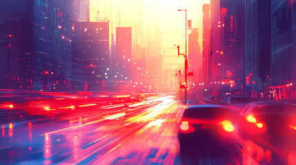 Wall Mural - city sunset traffic