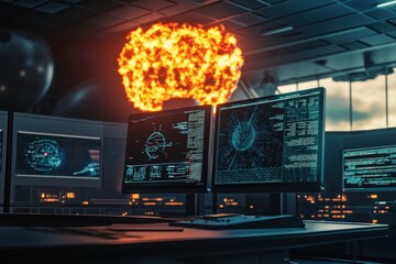 Poster - Control room filled with advanced technology during a simulated explosion event