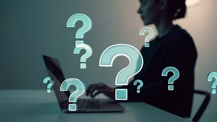 Aufkleber - Professional businesswoman working on laptop with floating question marks, visualizing uncertainty and complex decision making process in contemporary corporate environment