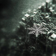 Poster - Abstract Grayscale Image of a Snowflake Over a Miniature City