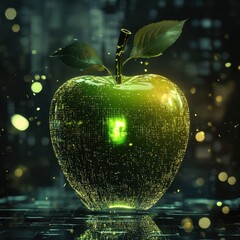 Poster - Futuristic glowing green apple surrounded by digital elements in a dark environment