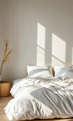 Fototapete - Soft sunlight streaming through window, creating gentle moving shadows across pristine white bed with folded blankets and plush pillows in minimalist bedroom interior