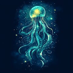 Poster - Glowing Teal Jellyfish in Dark Blue Pixel Art