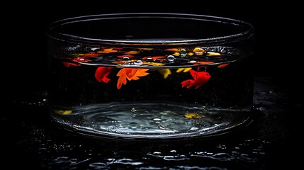 Poster - Orange and Red Goldfish in a Clear Glass Bowl on Black Background