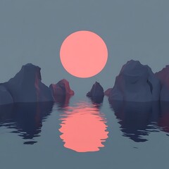 Poster - Pink Sunset over Geometric Rocks and Calm Water