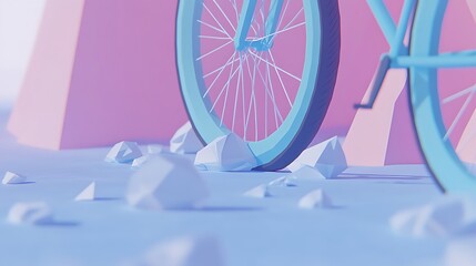 Poster - Teal Bicycle Wheel on Geometric Rocks, Pink and Light Blue Background