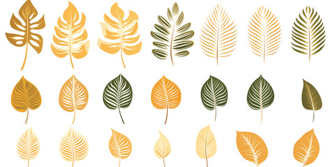 Poster - A collection of fifteen stylized leaves in shades of yellow and green on a transparent background png