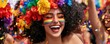 © Tonghomstock - A joyful participant at a colorful festival, adorned with a floral headdress and rainbow face paint, celebrating with confetti and laughter.