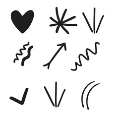 Poster -  Hand drawn doodle sketch arrow, circle, star brush stroke scribble underline icon. Marker doodle heart vector illustration. 