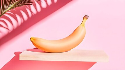 Poster - Artistic banana display on wooden table minimalist scene bright pink background