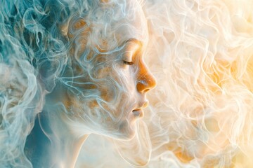 Poster - Ethereal portrait featuring flowing colors and swirling patterns in soft focus