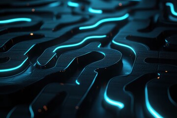 Poster - Intricate maze design illuminated with soft blue lighting in a dark environment