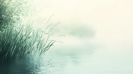 Wall Mural - hazy view of a lake shoreline with reeds and algae, soft focus, outdoor scene, algae, calm waters, l