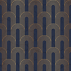 Poster - Arc seamless pattern. Repeating circle arch. Gold art deco isolated on white background. Repeated golden geometric design for prints. Circular shape. Waves repeat round lattice. Vector illustration