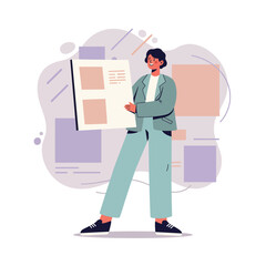 Poster - Young professional woman presenting project report in office environment with casual outfit and confident posture