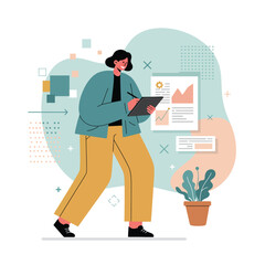 Poster - Woman holding digital tablet analyzing business charts and data visualization in casual outfit indoors 