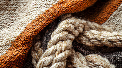 Wall Mural - close-up view of rustic woven fabric and thick braided rope, showcasing the textures and details of 